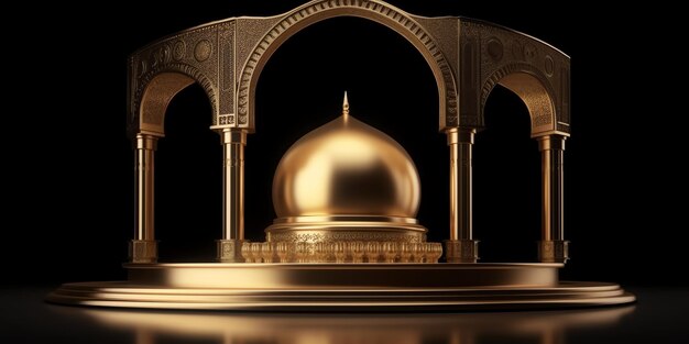 3d golden mosque with dome and pillars