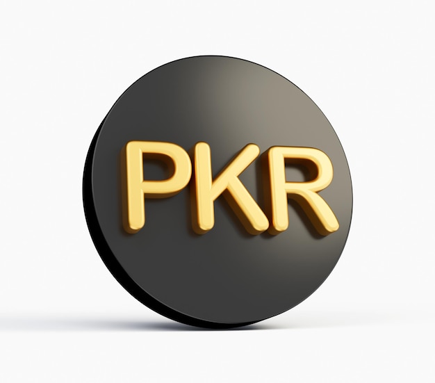 3 d ゴールデン パキスタン ルピー PKR シンボルと白い背景の丸みを帯びた黒いアイコン 3 d イラストレーション