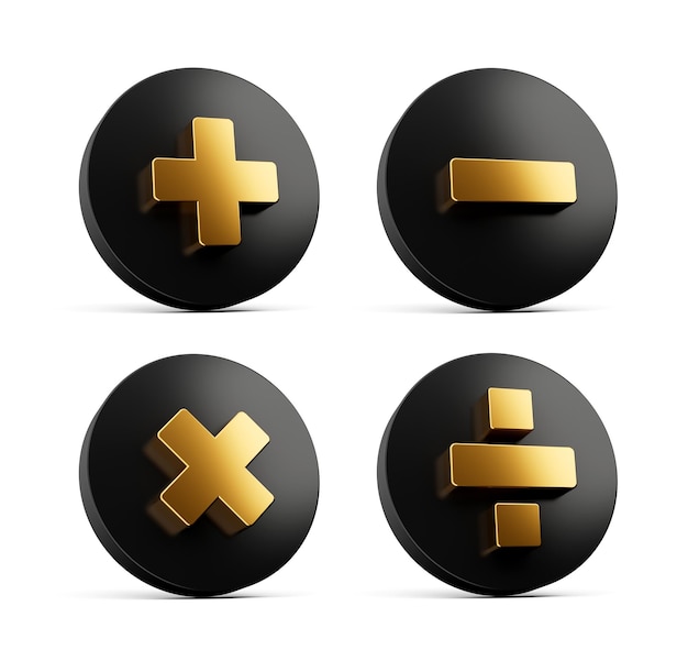 3d Golden Plus Minus Multiply And Divide Symbol On Rounded Black Icons 3d illustration