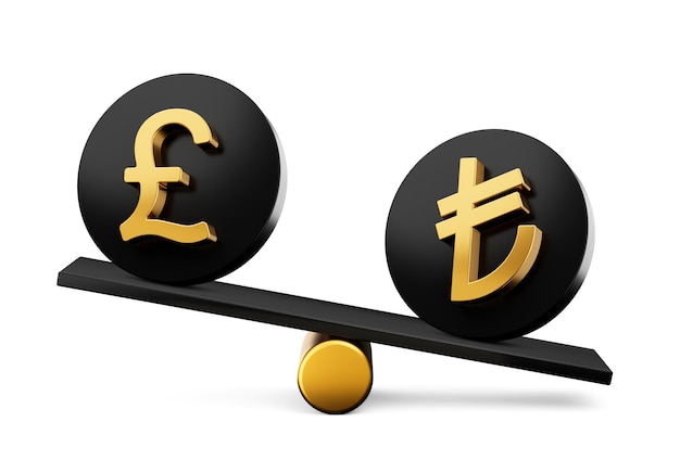3d Golden Pound And Lira Symbol On Rounded Black Icons 3d Balance Weight Seesaw 3d illustration