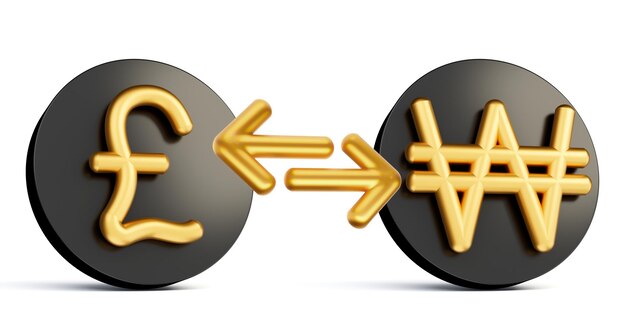 Photo 3d golden pound and won symbol on rounded black icons with money exchange arrows 3d illustration