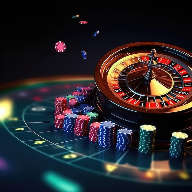 Photo 3d golden roulette composition with poker cards an fly casino chip
