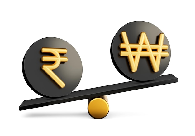3d Golden Rupee And Won Symbol On Rounded Black Icons With 3d Balance Weight Seesaw 3d illustration