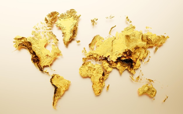 Foto 3d golden shiny world map mappa ipsometrica in metallo dorato soft gold sfondo sfocato illustrazione 3d