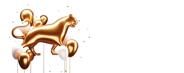 3D Golden Tiger Statue With Realistic Balloons, Tiny Balls And Copy Space On White Background.