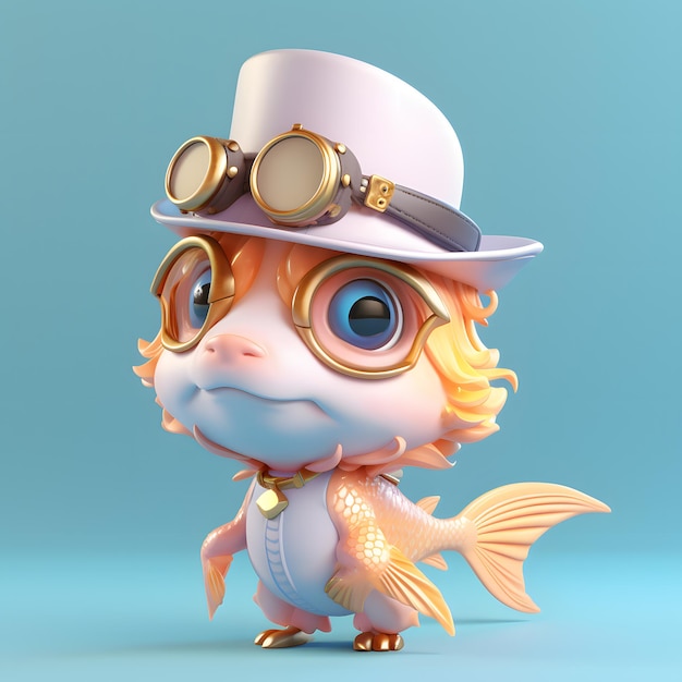 3d goldfish cute cartoon in steampunk hat and google glass