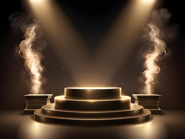 3D goud podium op donkere achtergrond met rook met gloeiende sportlicht met podium display achtergrond