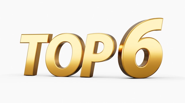 3d gouden glanzende top 6 tekst top zes 3d tekst geïsoleerd op witte achtergrond 3d illustratie