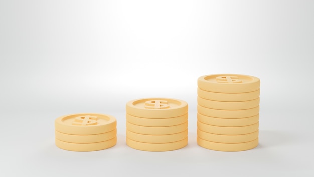 3D gouden munten stapel groei op witte achtergrond Financieel en geld besparen concept