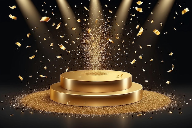 3d gouden podium en vallende confetti winnaar vector achtergrond Prijs stadium voor introductie ceremonie