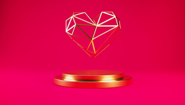 3d gouden podium of voetstuk met gouden metalen hart op rode achtergrond, 3D-rendering.