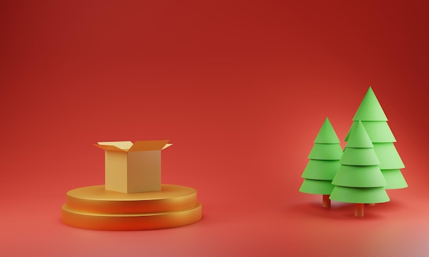 3D gouden productpodium met kerstboom, verrassingsdoos