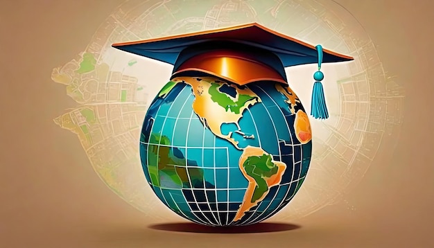 3d graduation cap on earth globel