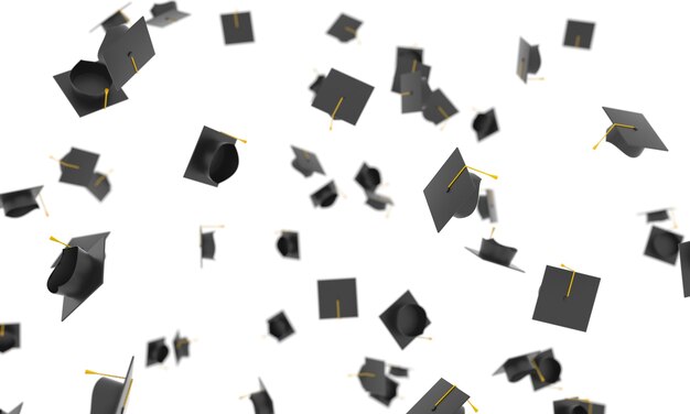 3d Graduation Caps University Hats Falling On White Background Academic Education Bachelors Degree