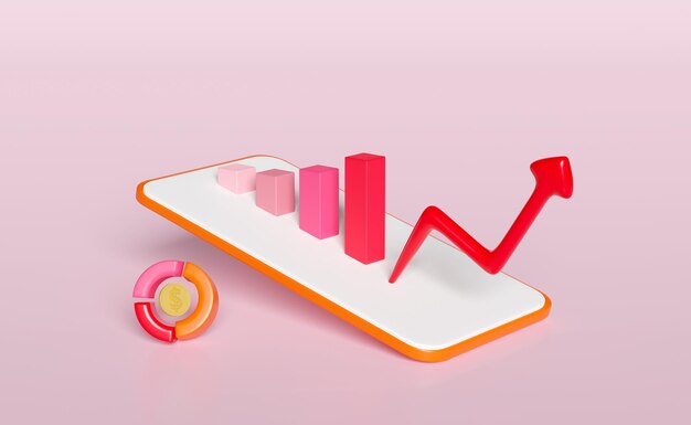 3d grafieken grafiek met oranje mobiele telefoon smartphone analyse zakelijke financiële gegevens online marketing pijl checken bank gebouw geïsoleerd op roze achtergrond bedrijfsstrategie concept 3d render