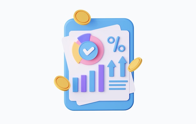 3D-grafische analyse met financiën op het blad van financieel verslag over marketing en business