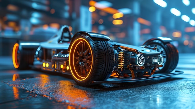 3D-grafische weergave van een prototype van een elektrisch sportvoertuig waarmee de indeling van componenten en assemblages te zien is. Onduidelijke achtergrond van het interieur van een autofabriek met blauwe neonverlichting