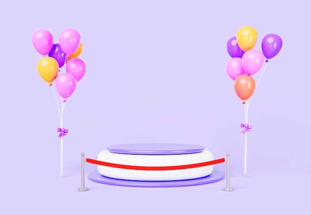 3d Grand opening event banner with podium colorful balloons and red ribbon Festive scene pedestal for store launch ceremony celebration party sale announcement purple background