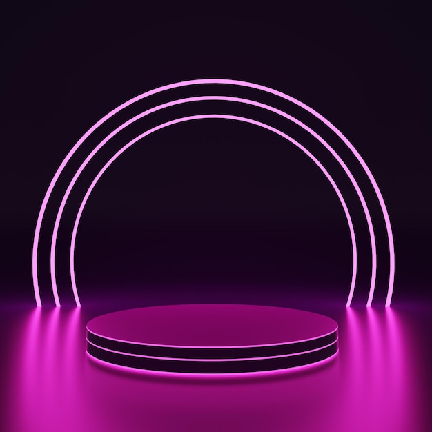 3D grape purple podium with neon rings