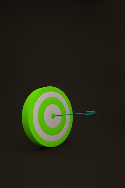 3D graphic green target on a black isolated background. Green target, a target on a black, dark isolated background with a dart in the middle. 3D graphics