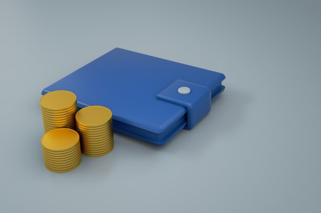 3D-graphics, illustratie van een model van een blauwe portemonnee met geld, munten op een witte geïsoleerde achtergrond. Isometrisch model van een portemonnee. Detailopname