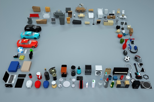 Foto grafica 3d, molti modelli 3d di elettrodomestici e mobili. raccolta di oggetti. computer grafica. vista dall'alto. oggetti isolati su uno sfondo grigio