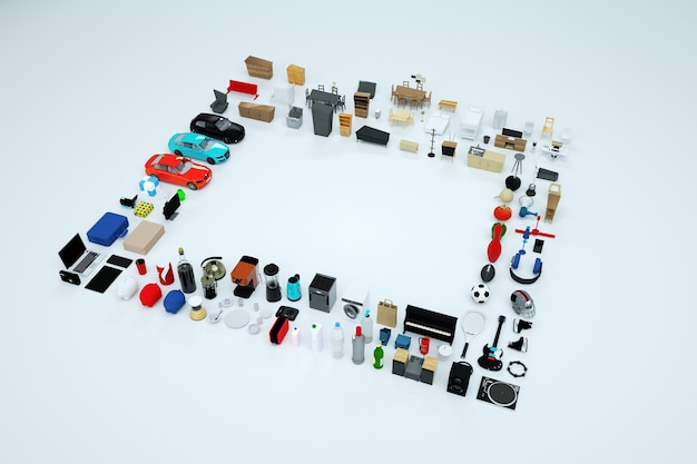 3D graphics, lots of 3D models of household appliances and furniture. Collection of items of computer, telephone, kettle, toaster, game console and so on. Isolated objects on a white background