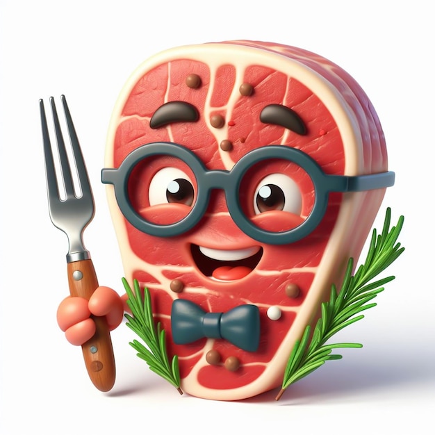 3D grappige cartoon van een biefstuk met rozemarijn Traditionele gerechten AI gegenereerd