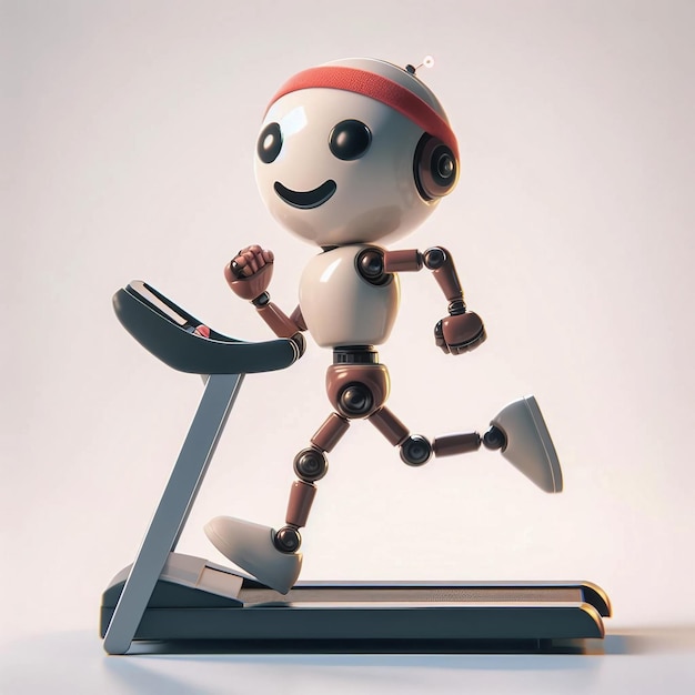 3D grappige schattige cartoon robot lopen op een loopband AI training