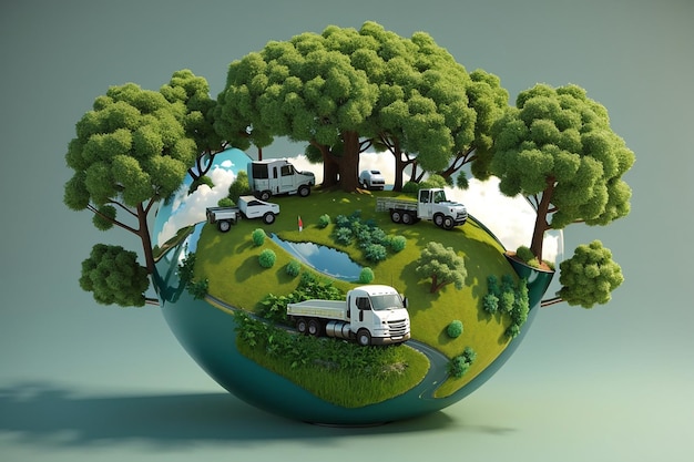 3d grassy globe with trucks and trees