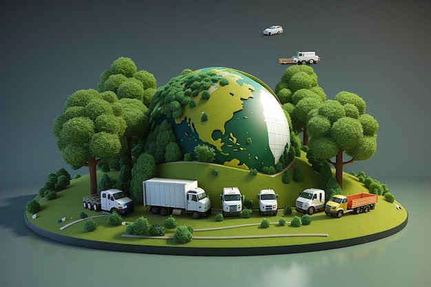 3d grassy globe with trucks and trees