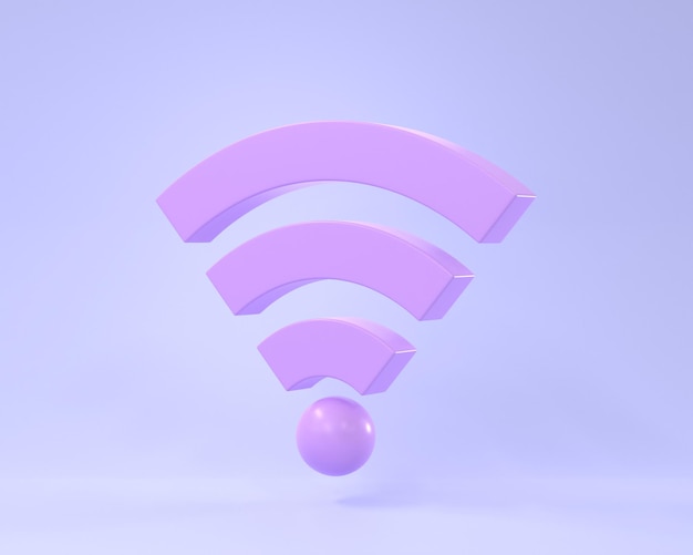 3D Gratis wifi-pictogram met paarse antennes draadloos netwerksymbool Verbind mobiele apparaten met internet met hotspot openbare toegangszone Teken LAN-verbinding geïsoleerd op pastelblauwe achtergrond 3D render