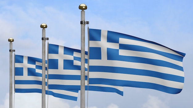 3D, греческий флаг развевается на ветру с голубым небом и облаками. Закройте вверх баннера Греции дует, мягкий и гладкий шелк. Предпосылка прапорщика текстуры ткани ткани.