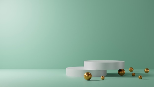 흰색 받침대 또는 연단 모형 디스플레이가 있는 3d 녹색 배경, 제품 쇼케이스용 빈 플랫폼