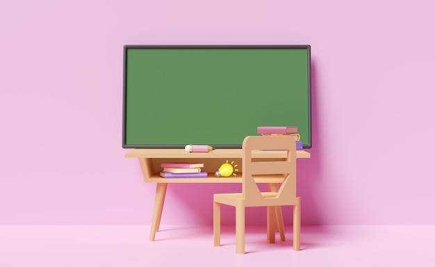 Photo 3d green blackboard template with wooden school desk cartoon chair light bulb book isolated on pink background 3d render illustration clipping path