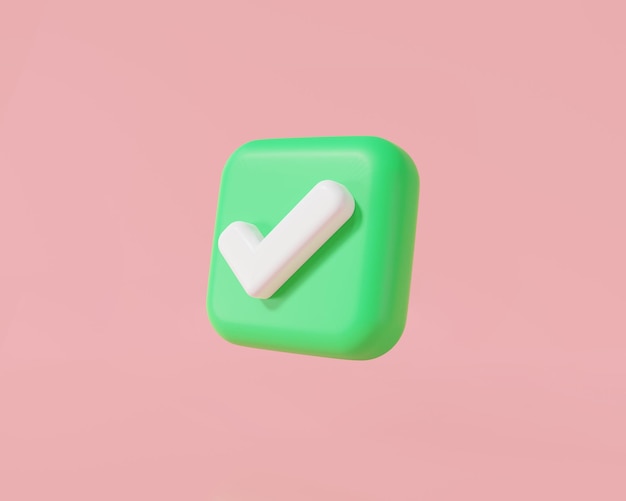 Photo 3d green check mark icon in a square isolated on pink background tick symbol in green color like correct success approve accept button 3d rendering illustration cartoon minimal style