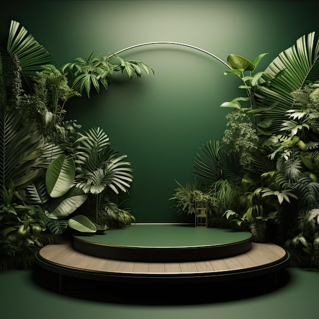 3d green color podium with tropical plants