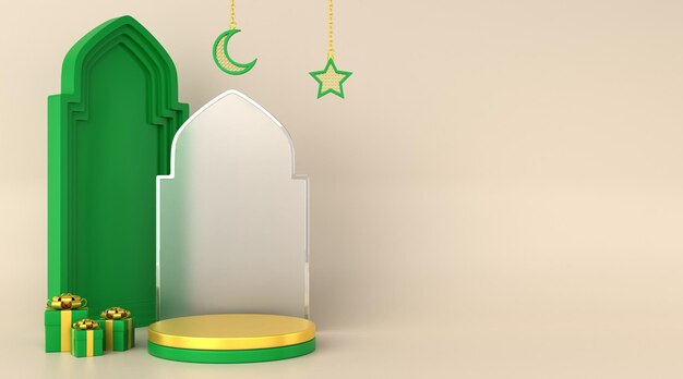 3d green gold islamic podium background 3D render