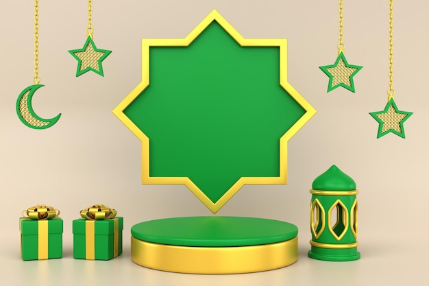 3d green gold islamic podium background 3D render