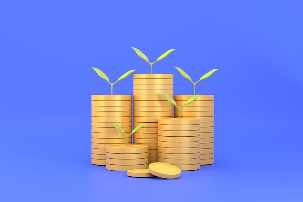 3D Green leaf plant growth on coin business start idea and business building to successxA