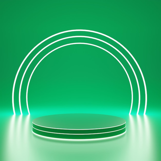 3D green podium with neon rings and spheres