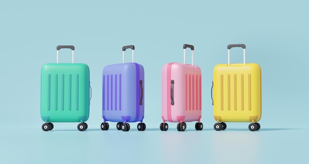 3D green purple pink yellow suitcase set isolated on pastel background travel tourism plane trip planning tour leisure touring holiday summer concept Minimal cartoon luggage 3d render illustration