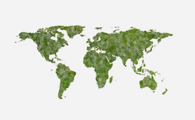 3D green world map on gray background