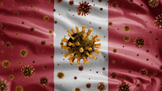3d, griepcoronavirus dat boven de peruaanse vlag zweeft, een ziekteverwekker die de luchtwegen aantast. peru-sjabloon zwaaien met pandemie van het covid19-virusinfectieconcept