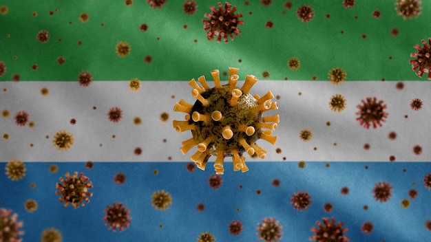3D, griepcoronavirus zweeft boven de vlag van Sierra Leone, een ziekteverwekker die de luchtwegen aantast. Salone-sjabloon zwaait met pandemie van het Covid19-virusinfectieconcept