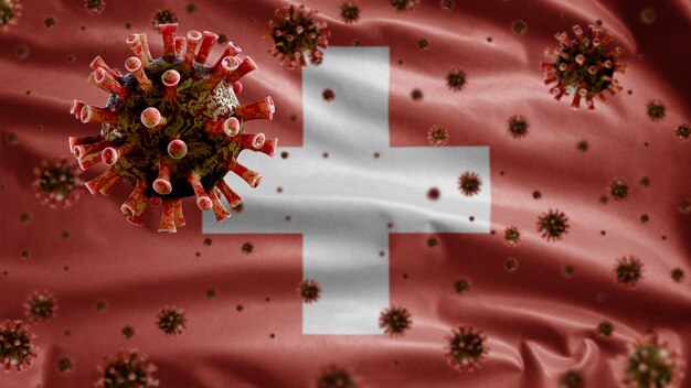 3D, griepcoronavirus zwevend boven de vlag van Zwitserland, een ziekteverwekker die de luchtwegen aantast. Zwitserse sjabloon zwaaien met pandemie van het Covid19-virusinfectieconcept.