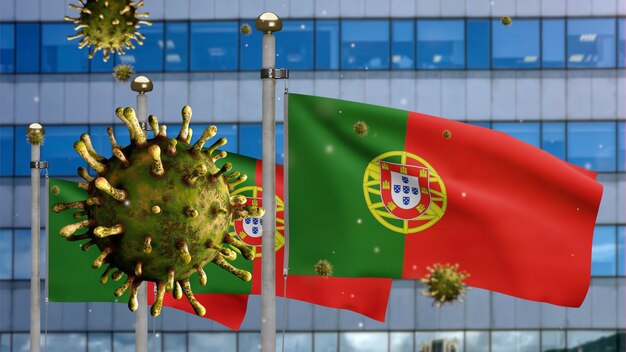 3D, griepcoronavirus zwevend over de Portugese vlag met moderne wolkenkrabberstad. Portugal banner zwaaien met pandemie van Covid19 virusinfectie concept. Vlag van echte stoftextuur