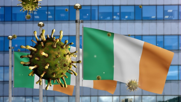 3D, griepcoronavirus zwevend over de vlag van Ierland met moderne wolkenkrabberstad. Ierse banner zwaaien met pandemie van Covid19 virusinfectie concept. Vlag van echte stoftextuur