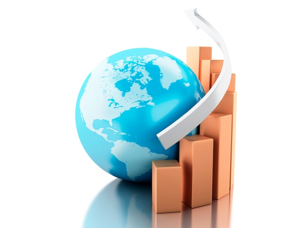 3D-groeimeter met globe. Bedrijfs en economie concept.