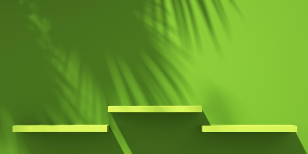 3D groen en geel product podium display met oranje achtergrond en boom shadowsummer product mockup background3D render illustratie